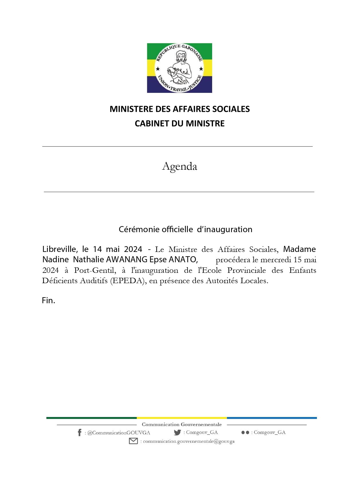 AGENDA/ Cérémonie officielle d'inauguration